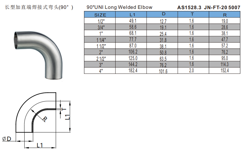 长型加直端焊接式弯头90尺寸表